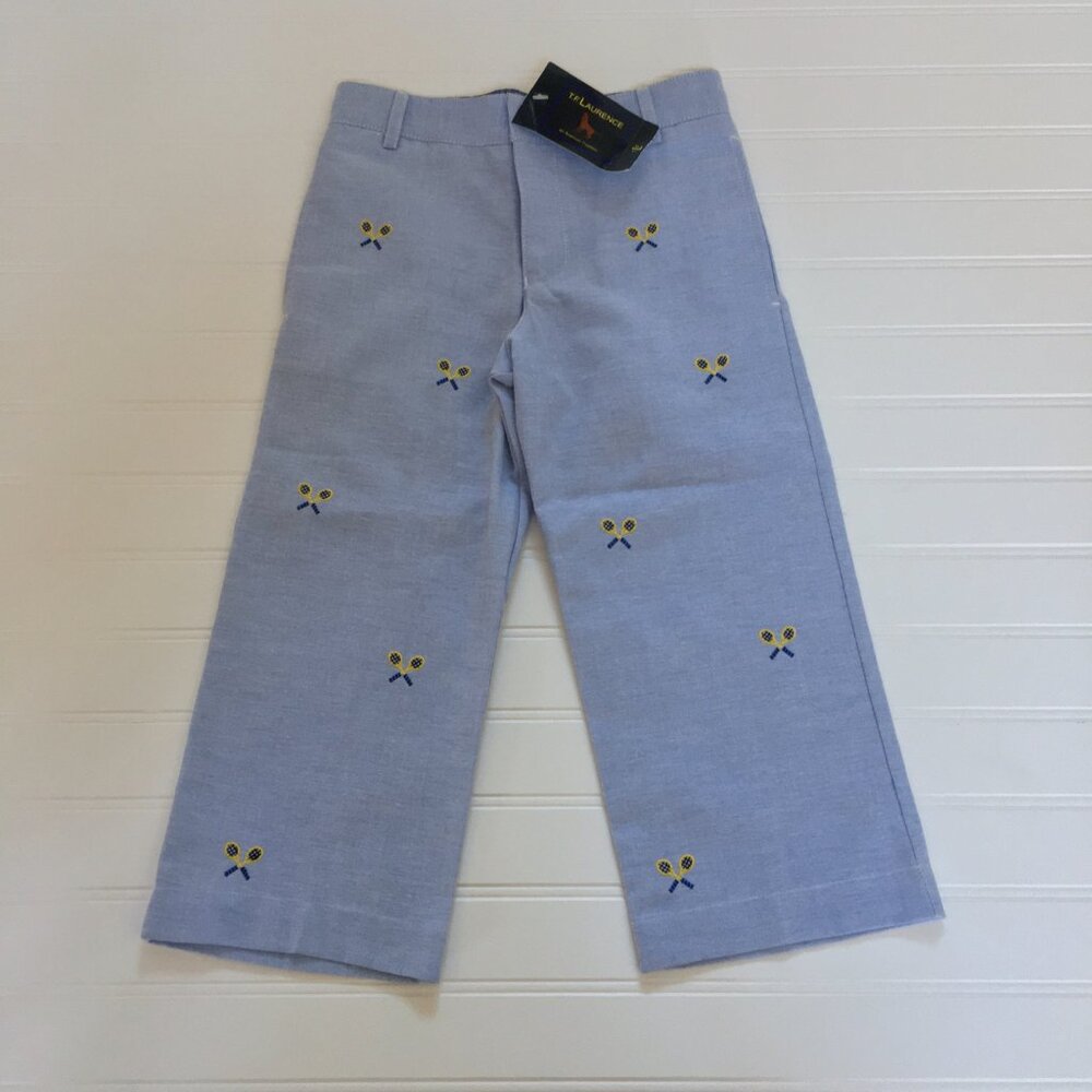NWT T. F. Laurence Blue Oxford Pants w/ Emb. Rackets Boys 4